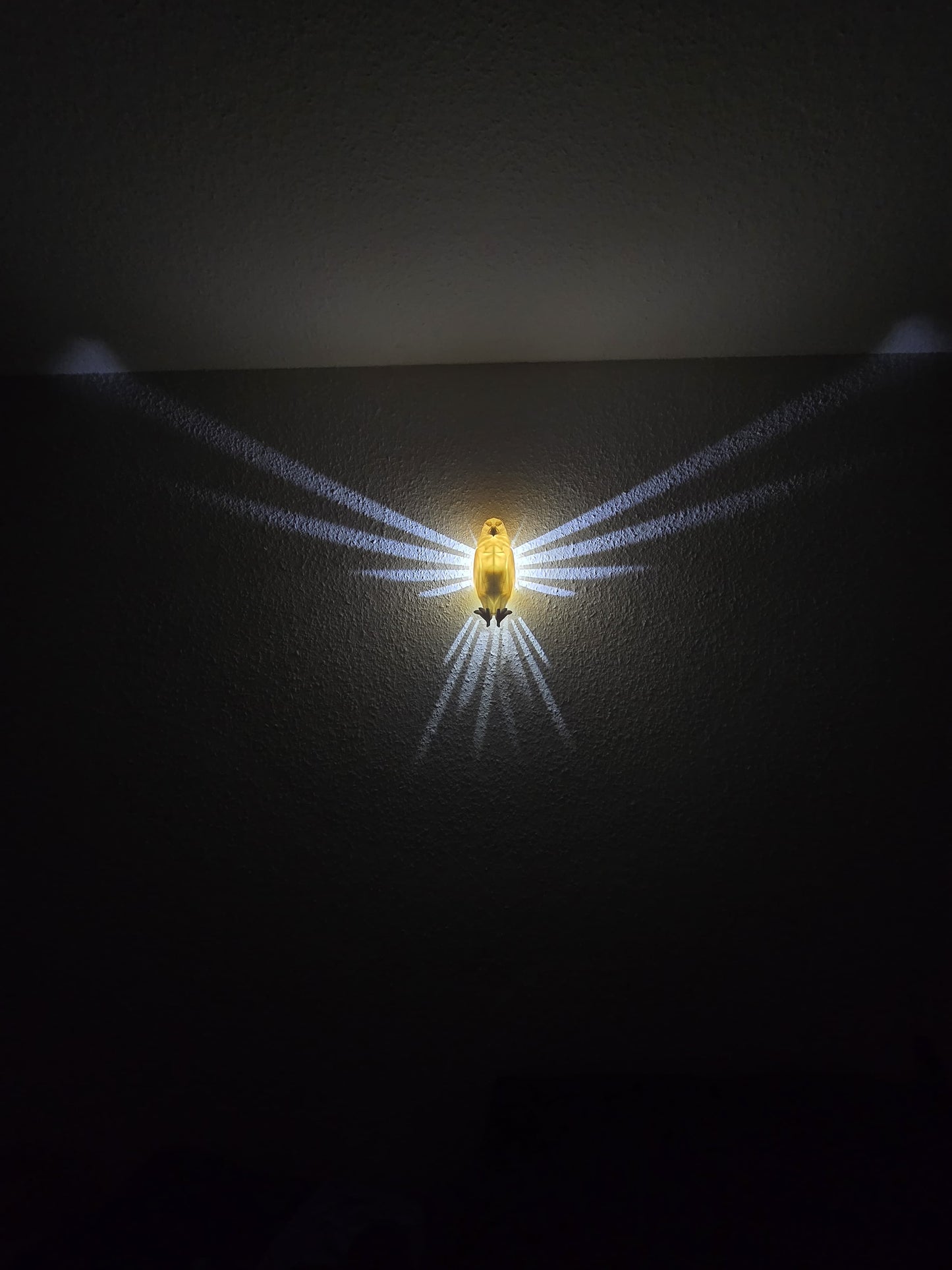 Eine Wandlampe in Form eines Adlers. Das Licht, das durch die Lampe scheint bilden die Flügel und Schwanzfedern des Adlers.